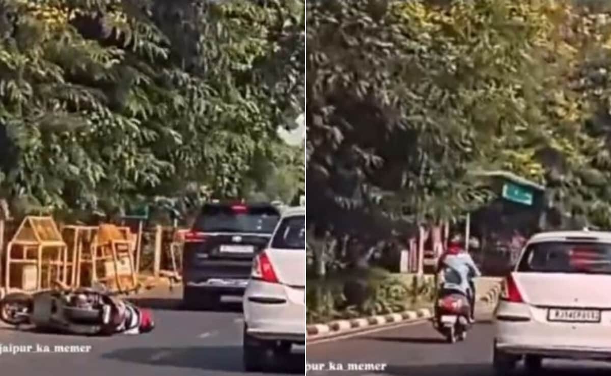 स्कूटी से सीधे जा रही थी महिला, सामने आ गया बैरिकेड, ब्रेक मारने की बजाय किया कुछ ऐसा, यूजर्स बोले- पापा की परी ने किया कमाल